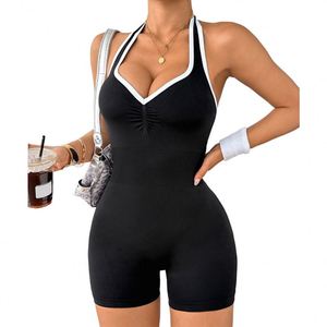 Body deportivo de mujer con bloques de color y cuello cuadrado, sin espalda, sin mangas, para entrenamiento, fitness y yoga - Product Image 1