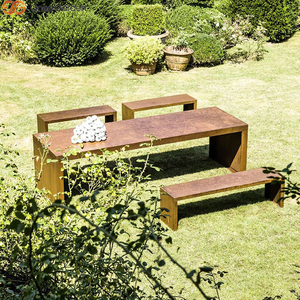 Ensemble table et banc de jardin en acier Corten, mobilier d'extérieur au design moderne, résistant aux intempéries, pour salon et salle à manger - Product Image 1