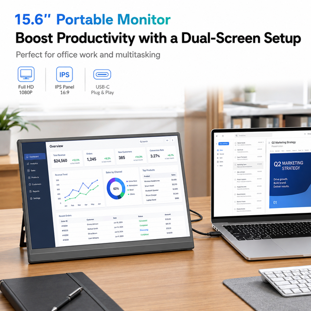 15.6 Inch FHD Portable Monitor USB-C Mini HDMI 60Hz Lightweight Second Screen for Business Travel Office