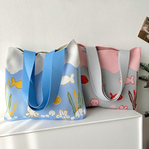 New Korean Cartoon Underwater World <b>Knit</b> Shoulder Bag Cute Octopus Fish <b>Pattern</b> Casual Large Tote Bag <b>For</b> Students Girls - Product Image 1