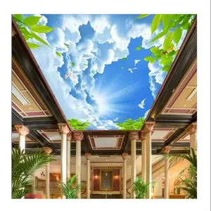 Papel de parede 3D personalizado para teto, azul, céu, nuvens brancas, pássaros, árvores verdes, decoração de casa, sala de estar, paredes