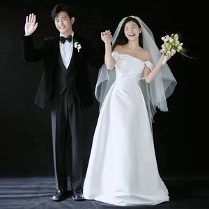 Off-The-Shoulder Satin Wedding Dress Natural Waist Sheath Silhouette White Bridal Gown Simple Zipper Back Reception Dress - Product Image 4