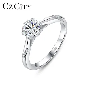 CZCITY Female Wedding Bridal Jewelry S925 Silver Sterling Rings Round Moissanite Jewelry Ring For Women One Carat