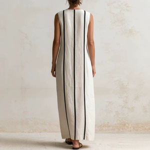 Abito <span class=keywords><strong>lungo</strong></span> dritto senza maniche in cotone e lino tinta unita con scollo a V, stile casual europeo-americano, per l'estate 2026 - Bestseller - Product Image 2