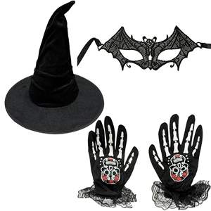 Disfraz de bruja negra de Halloween, sombrero de bruja, sombrero de <span class=keywords><strong>mago</strong></span>, máscara de encaje, guantes de encaje, novia fantasma - Product Image 1