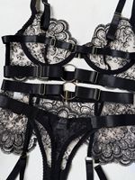 Ensemble de lingerie sexy en dentelle brodée transparente de haute qualité pour femmes, soutien-gorge et culotte en maille florale brodée, 3 pièces