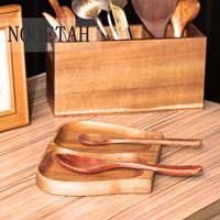 Repose-cuillère en bois d'acacia de grande taille, support double pour cuillères en bois avec pieds en silicone antidérapants, repose-cuillère de cuisine fait main