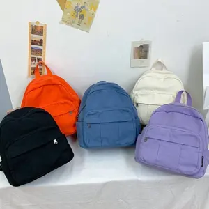 Solid Color Vintage Minimalist Leisure Multi-Layer Quality Canvas Mini Compact Unisex Sports Backpack Inside With Card Pocket