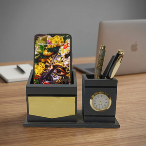 Custom Desk Organizer Pen <b>Holder</b> with Clock and <b>Card</b> <b>Holder</b> Office Table Gift Set - Product Image 2
