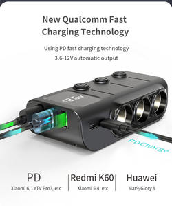 Cargador de Coche Inalámbrico Superrápido con Pantalla Digital y Tres Tomas para Encendedor de Cigarrillos para iPhone, <span class=keywords><strong>Samsung</strong></span>, Android, 12-24V - Product Image 1