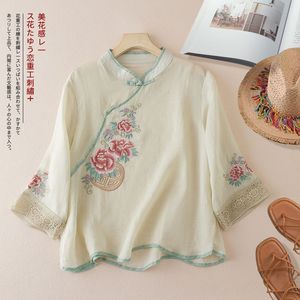 Retro Cotton Linen Embroidered Chinese Style Stand Collar Mid Sleeve Shirt For Women - Product Image 1