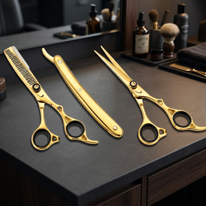 Ensemble de ciseaux de coiffure et de coupe de cheveux en acier inoxydable de qualité supérieure pour droitiers avec ciseaux à effiler, rasoir droit et étui - Product Image 4