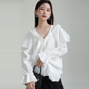 2023 Spring Fashion Women's Blouses &amp; <strong>Shirts</strong> Cute <strong>Frilly</strong> Ruffled V-neck Loose Bell Sleeves Long-sleeved Blouse - Product Image 1