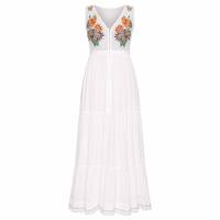 Robe longue trapèze blanche imprimée florale pour femme, col en V, sans manches, style bohème, pour la plage et les vacances, personnalisable OEM/ODM, MOQ 50 pièces