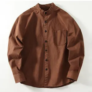 Casual Literary Yuppie Retro Corduroy Solid Color Loose Men'S Small Stand-Up Collar Collar Less Long-Sleeved Shirt