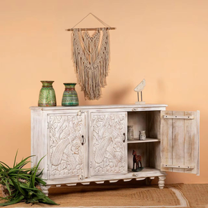 Ornate Solid Wood <b>Sideboard</b> Handcrafted With Decorative Carved Panels And Deep Drawers For Dining Room Setup - Product Image 3