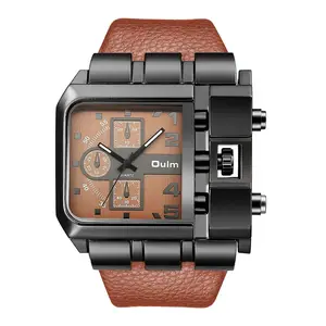 热销原创独特设计长方形手表 OULM 3364 宽表盘石英手表男士与皮革表带