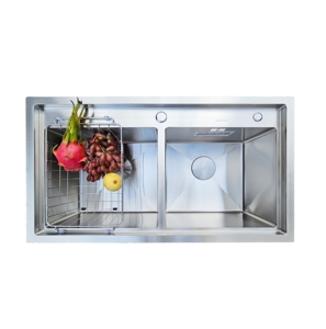 Heavy Duty 304 Stainless Steel Double Bowl Two Hole Kitchen Sink Handmade <b>Brushed</b> Finish Modern Design Above Counter Vietnam - Product Image 1
