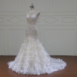XF17015 Robe de mariée sirène sans manches col bateau longueur au sol et belle robe de mariée fleur 3D - Product Image 3