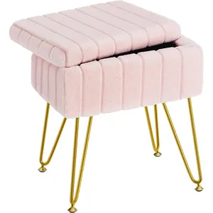 Soft Ottoman Vanity Stool Chair Faux Fur with Storage 4 Metal Legs with Anti-Slip Feet low leg Furry Padded Seat for Makeup