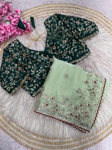 Sari en satin ethnique pur Fandy avec de magnifiques broderies à sequins et un chemisier contrastant de créateur pour femme, idéal pour les fêtes traditionnelles - Product Image 2