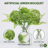 30cm Kunstmatige Groene Allium Bloemstuk, Bolvormige Knopclusters, Varenblad, Glazen Vaas, Op Maat OEM, Decoratie voor Huis en Kantoor
