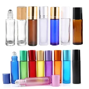 10 ml 5ml mattschwarze Flaschen Parfüm ätherisches Öl klar 10 ml Bambus rolle auf Glasflasche mit Metallkugel deckel für Öle