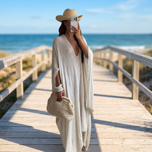 Amorzinho <b>White</b> Knitted Cotton <b>Maxi</b> Dress Deep V Neck 3/4 Sleeve Boho Regular Fit Spring Autumn Winter Casual Breathable Tie-Dye - Product Image 2