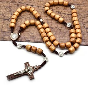Rosario Católico Religioso Hecho a Mano, Joyería con Crucifijo, Cuentas de Madera, Amuleto de la Virgen María, Colgante de Cruz, Material de Aleación, Inspirado en Jesús - Product Image 3