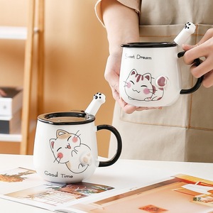 Taza de gato de dibujos animados con tapa y cuchara, taza de agua de cerámica para café de oficina y desayuno para el regreso a la escuela - Product Image 2