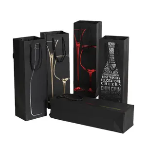 Bolsa de papel de regalo de vino con asas, logotipo personalizado, color negro, estampado en caliente