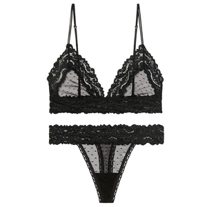 Biancheria da donna Sexy con scollo a V in <span class=keywords><strong>pizzo</strong></span> nero trasparente a pois <span class=keywords><strong>Bralette</strong></span> da donna Push up reggiseno T Back set di mutandine reggiseno - Product Image 6