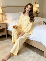 Ensemble de pyjama décontracté en fibre de bambou pour femmes, tricoté, confortable, col rond, luxueux, respirant, style fin printemps/automne, cardigan à manches longues