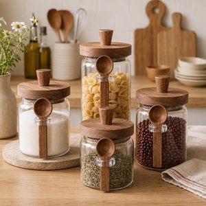 Transparent High Borosilicate Glass <b>Jar</b> with Wooden Lid Spoon <b>for</b> Coffee Bean Tea <b>Kitchen</b> Grains <b>Storage</b> Food Safe Sealed <b>Jar</b> - Product Image 2