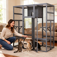 Grand enclos extérieur de luxe pour chat à 3 niveaux en bois avec maison isolée et motif imprimé