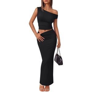 Conjunto de Falda de 2 Piezas para Mujer, Top Corto con Hombros Descubiertos, Vestido Maxi Ajustado, Atuendo Sexy para Club, Tejido Transpirable de Verano - Product Image 1