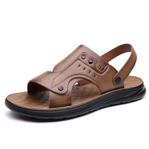 Sandales pour hommes à bride en T en cuir véritable, bout ouvert, semelle en caoutchouc, respirantes, motif uni, décontractées, pour l'extérieur, chaussures d'été avec logo en cuir - Product Image 5