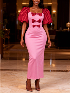 <span class=keywords><strong>Vestido</strong></span> Casual Elegante para Mujer ADR060132 con Cuello <span class=keywords><strong>Cuadrado</strong></span>, Mangas Abullonadas, Decoración de Lazo y Bloques de Color - Product Image 1