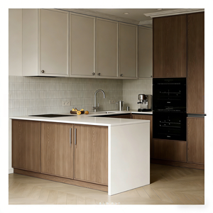 Armoire plate minimaliste Vermont, base en bois <span class=keywords><strong>de</strong></span> <span class=keywords><strong>noyer</strong></span>, armoire <span class=keywords><strong>de</strong></span> <span class=keywords><strong>cuisine</strong></span> en bois bicolore avec <span class=keywords><strong>plan</strong></span> <span class=keywords><strong>de</strong></span> <span class=keywords><strong>travail</strong></span> en quartz blanc - Product Image 5