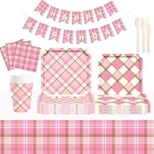 DAMAI Pink Diamond <b>Square</b> Party Tableware <b>Set</b> with Disposable Paper <b>Plates</b> Cups Napkin for Tea Party Supplies - Product Image 3