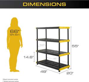 Black and yellow 4-tier heavy-duty <b>plastic</b> storage rack, suitable for garages and basements, with a modular design - Product Image 6