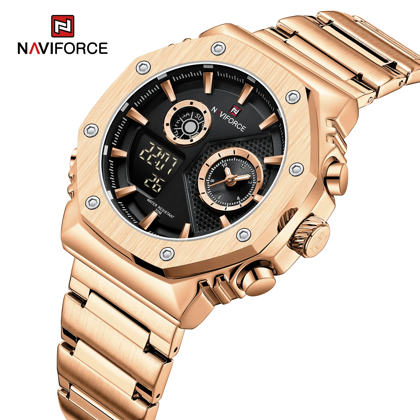 NAVI FORCE 9216 Herren Luxus Roségold Uhr Business Herren Digitaluhren Edelstahl Wasserdichte Sport Quarz Armbanduhren