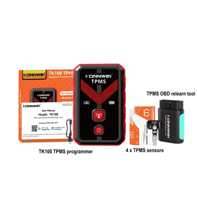 KONNWEI TPMS Tool Kit Bluetooth TK100 Programmer Tire Pressure Sensor OBD Relearn Diagnostic Tool with Free APP