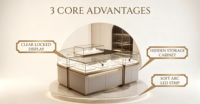 Luxuriöse Uhren-Vitrine mit LED-Beleuchtung, Gehärtetem Glas und Goldenem Metallrahmen für Einzelhandel und Boutiquen