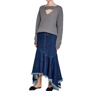 Custom Women Blue Irregular Tassel Big Swing Long Maxi Denim Skirt