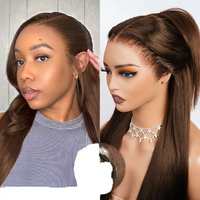 Perruque Premium en Cheveux Humains Chocolat Marron de 20 Pouces, Lisse, avec Dentelle Frontale, Pré-Pluckée, Pré-Décolorée, Haute Densité, en Cheveux Naturels