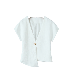 Chemisier décontracté pour femme à <span class=keywords><strong>col</strong></span> en <span class=keywords><strong>V</strong></span>, <span class=keywords><strong>blanc</strong></span>, à bouton unique, manches courtes, respirant, tissé uni, idéal printemps-automne - Product Image 2