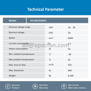 พัดลมระบายความร้อนแบบแกน ebmpapst รุ่น 4114N-2H6PU ขนาด 120x120x38 มม. 12038 24VDC 65W 2.7A 8400RPM 425m3/ชม.  แบบลูกปืน สำหรับเครื่องมือแพทย์ - Product Image 3