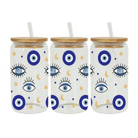 Transferts DTF pour gobelets 16oz motif œil porte-bonheur rose, autocollants DTF motif cœurs violets et chauves-souris