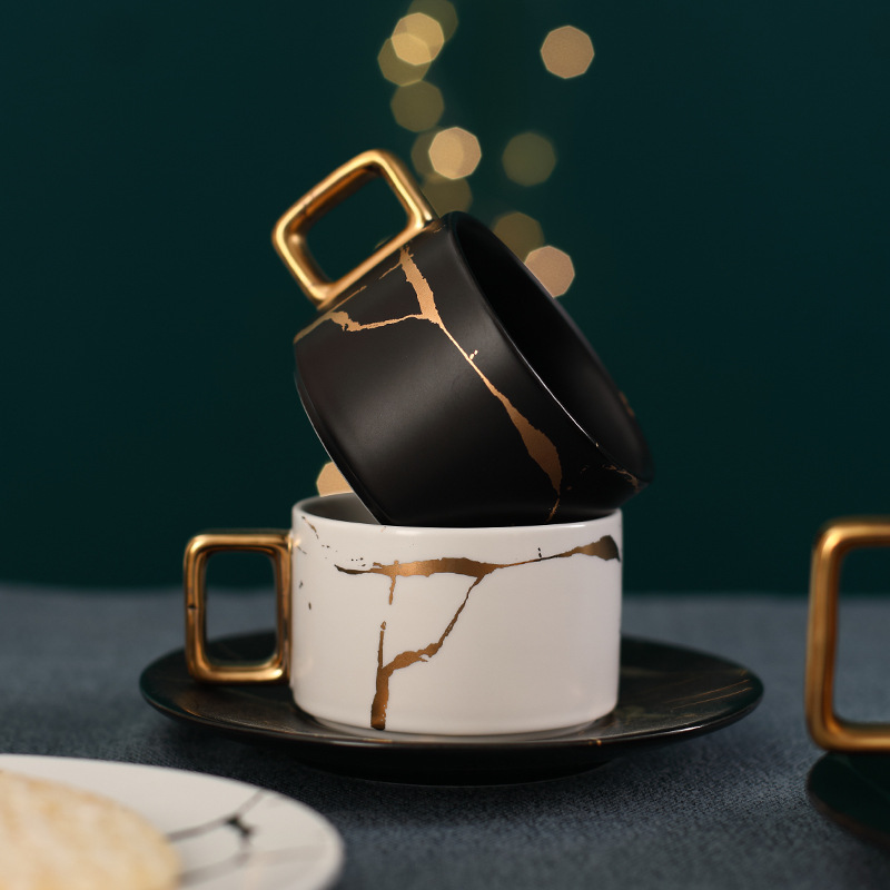 Jusalpha Golden Hand Print Coffee Cup Set - 2 Black & White Teacups With Bamboo Saucers